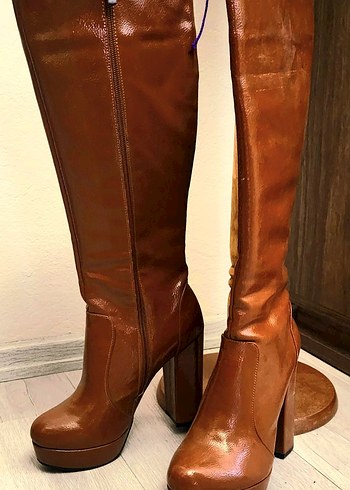 Rugan Taba  Deri Platform Topuklu Diz Boyu Kadın Çizme - Görsel 2