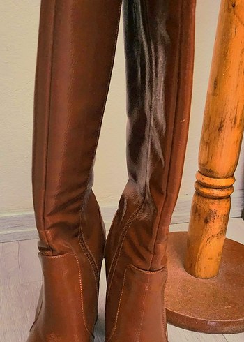 Rugan Taba  Deri Platform Topuklu Diz Boyu Kadın Çizme - Görsel 6