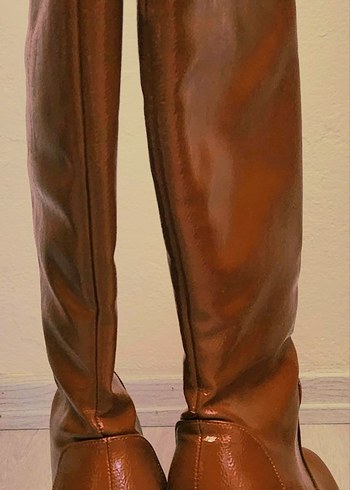 Rugan Taba  Deri Platform Topuklu Diz Boyu Kadın Çizme - Görsel 4