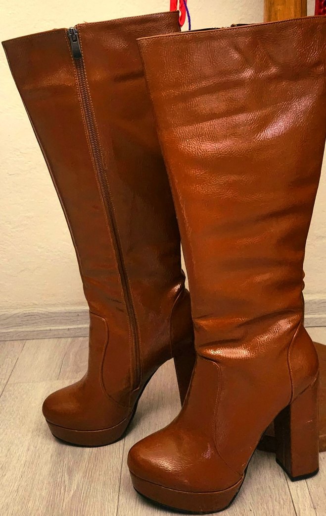 Rugan Taba  Deri Platform Topuklu Diz Boyu Kadın Çizme - Görsel 3