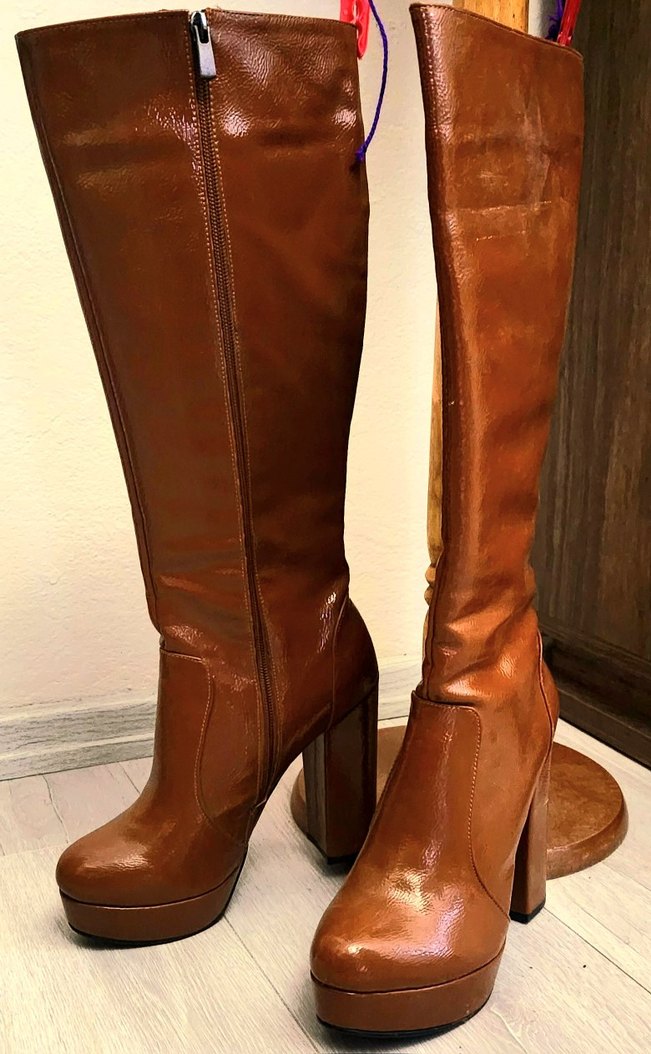 Rugan Taba  Deri Platform Topuklu Diz Boyu Kadın Çizme - Görsel 2