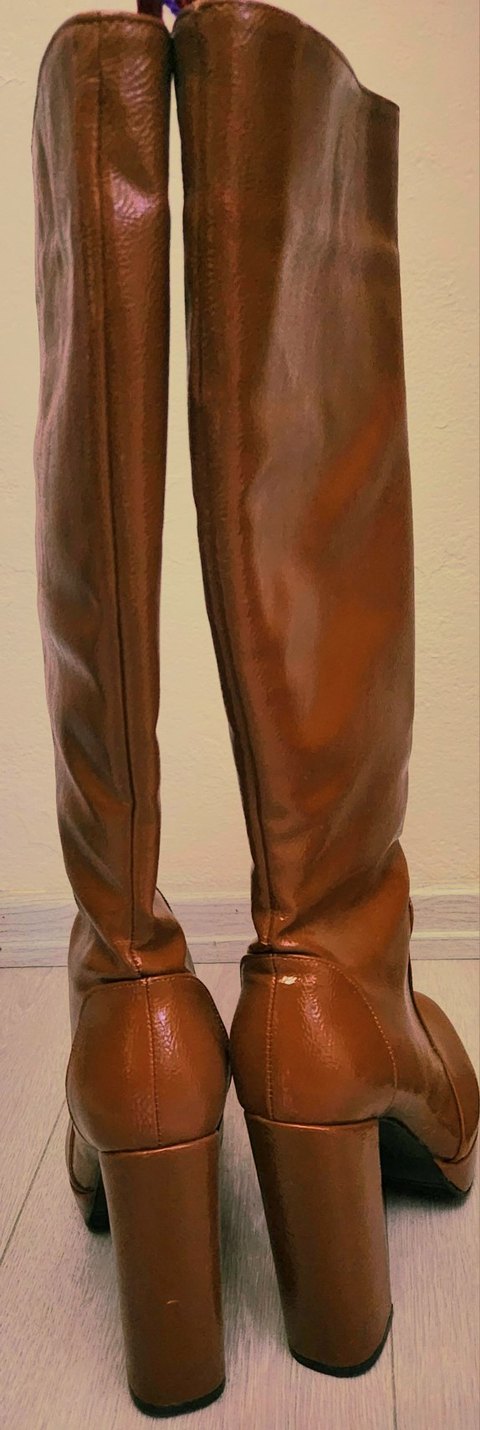 Rugan Taba  Deri Platform Topuklu Diz Boyu Kadın Çizme - Görsel 4