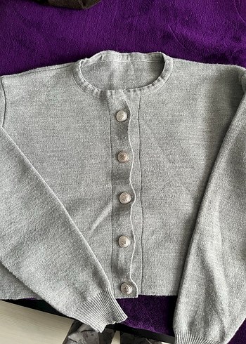 Düğmeli Gri Triko hirka/elbise takım - Görsel 3