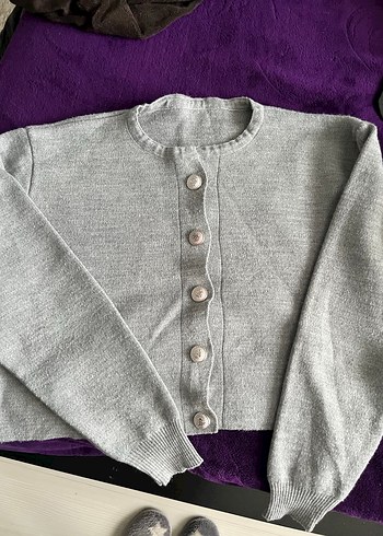 Düğmeli Gri Triko hirka/elbise takım - Görsel 2