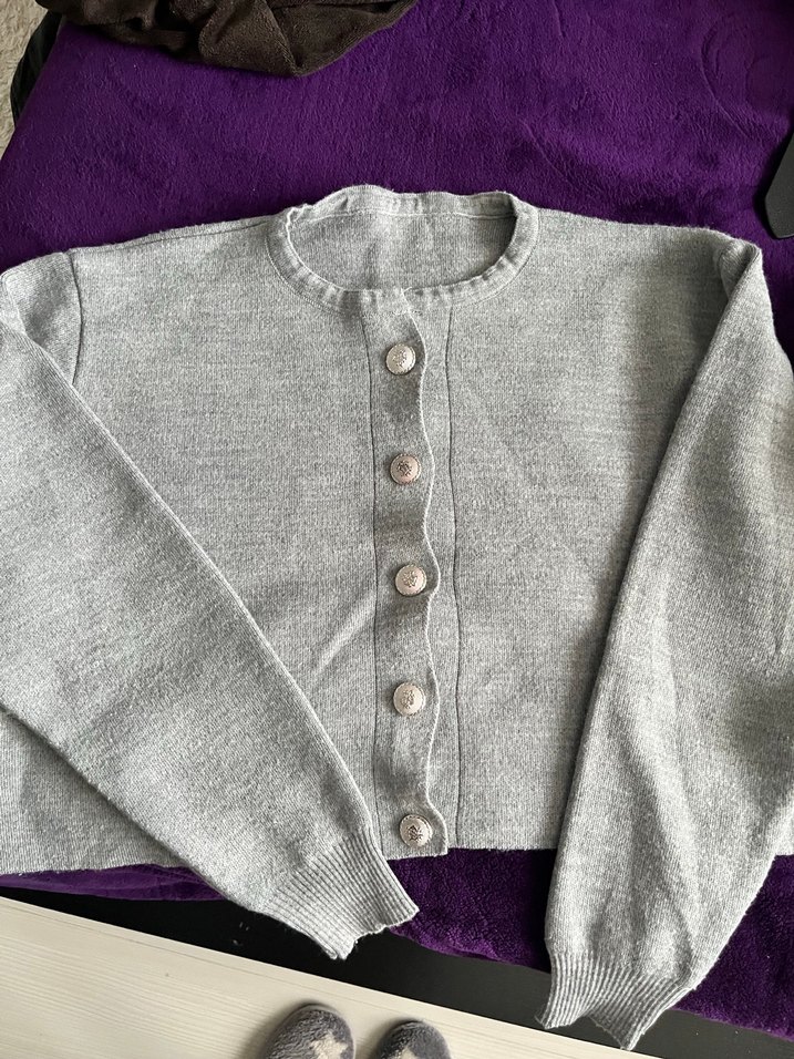 Düğmeli Gri Triko hirka/elbise takım - Görsel 2