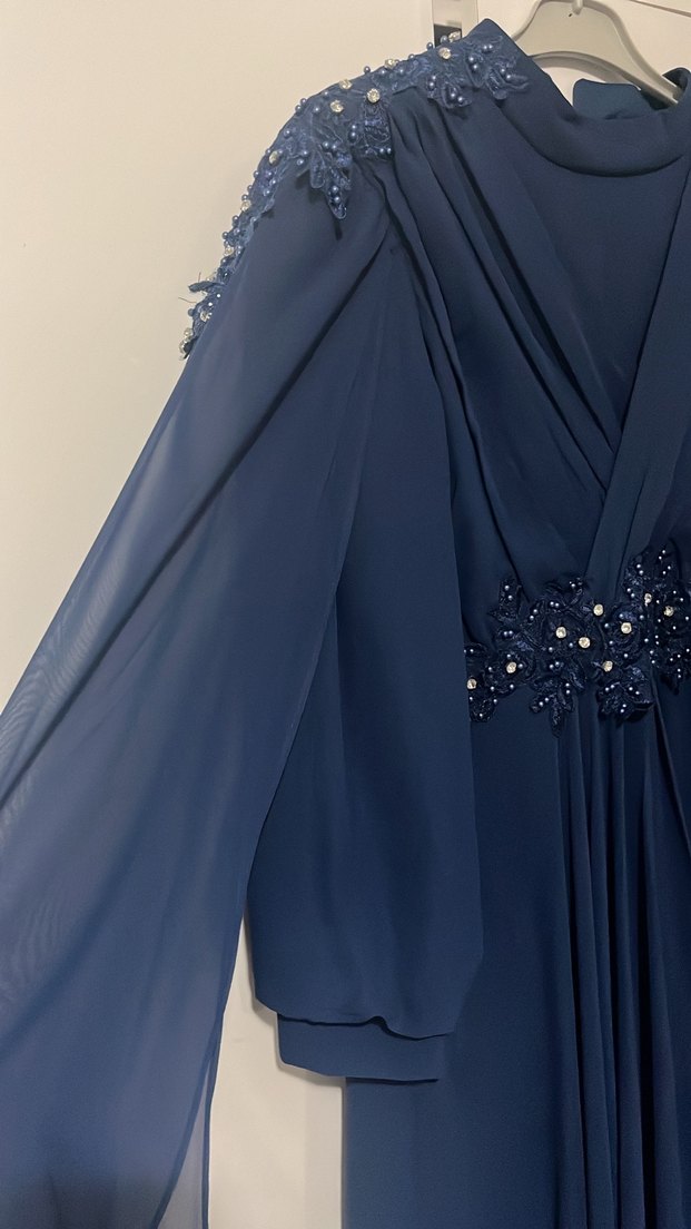 Drapeli Lacivert Uzun Abiye Elbise - Görsel 3