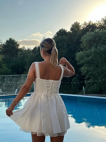 Diğer Kısa Drapeli Elbise Trend Model Beyaz Elbise