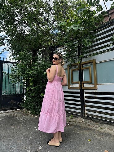 s Beden pembe Renk Pembe Askılı Elbise Uzun Çok Güzel