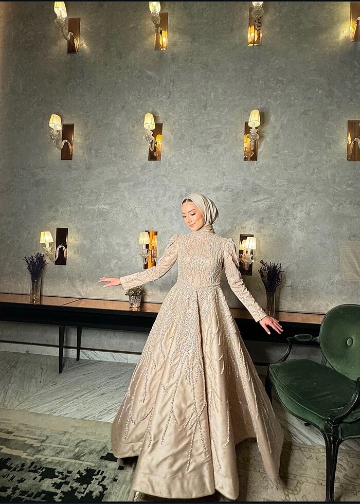 Krem uzun boy taşlı abiye - Görsel 3