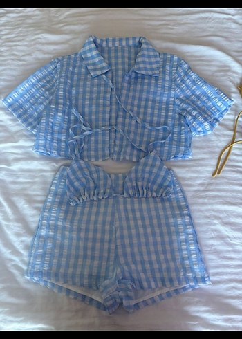 Mavi Ekose Mini Kadın Pijama Takımı
