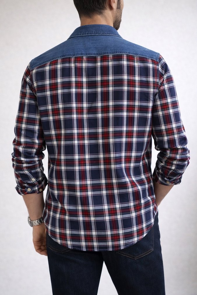 Koton Düğmeli Gri Ekose Denim Gömlek - Görsel 2