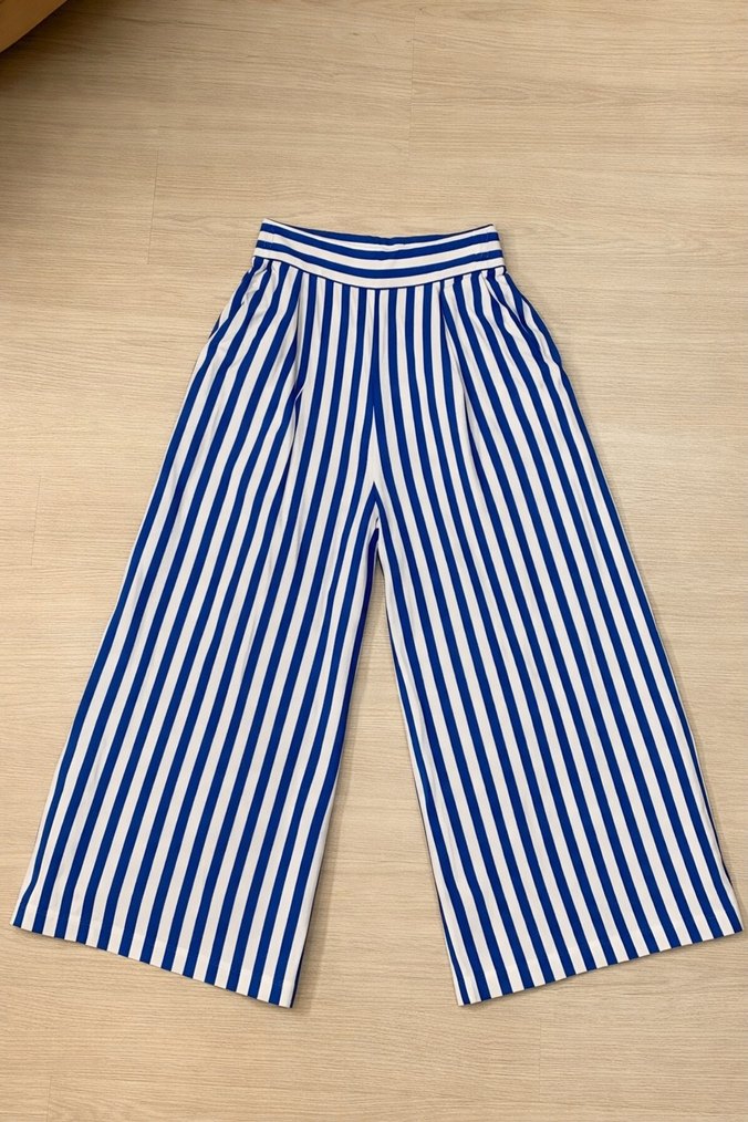 Mavi Çizgili H&M Salaş Kadın Kumaş Pantolon - Görsel 2