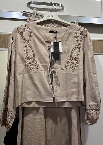 Nakışlı Bej Keten Bohem etek takım - Görsel 3