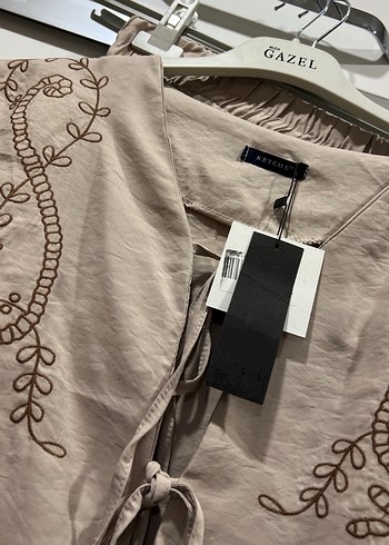 Nakışlı Bej Keten Bohem etek takım - Görsel 4