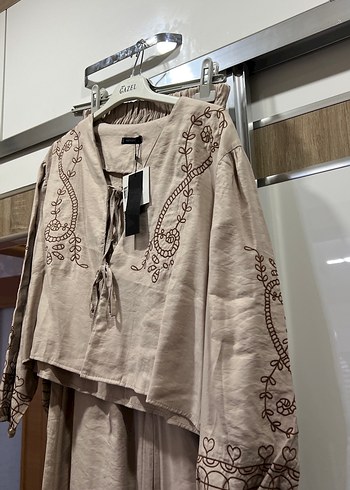 Nakışlı Bej Keten Bohem etek takım - Görsel 2