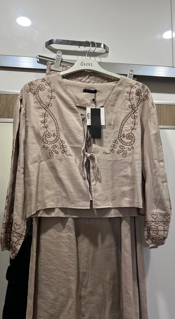 Nakışlı Bej Keten Bohem etek takım - Görsel 3