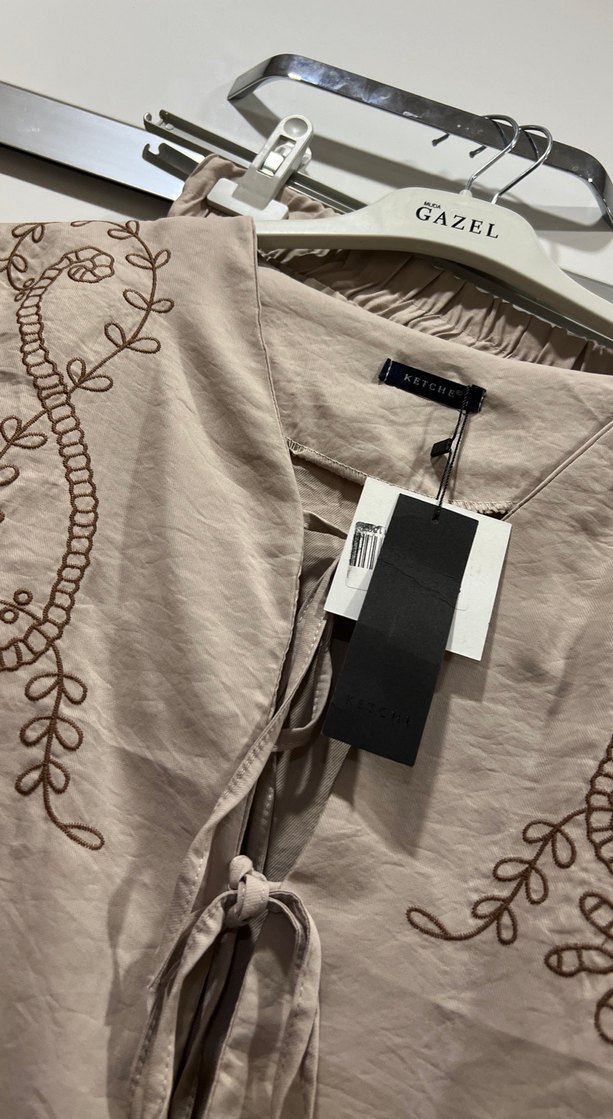 Nakışlı Bej Keten Bohem etek takım - Görsel 4