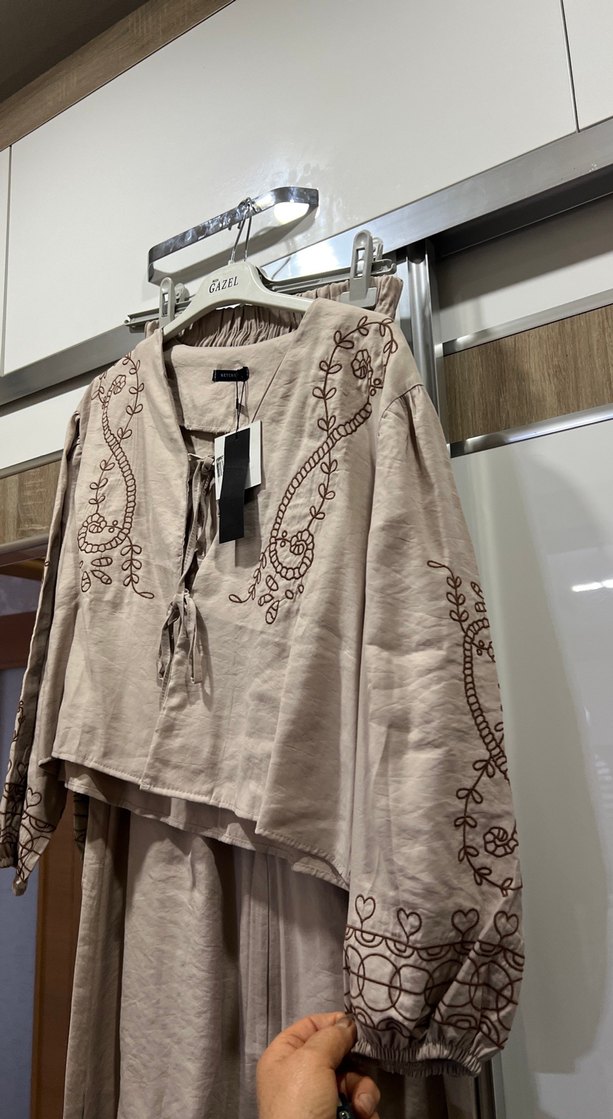 Nakışlı Bej Keten Bohem etek takım - Görsel 2