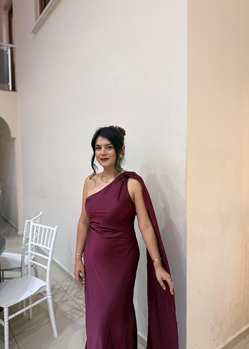 Uzun Bordo Drapeli Straplez Kadın Abiye - Görsel 2