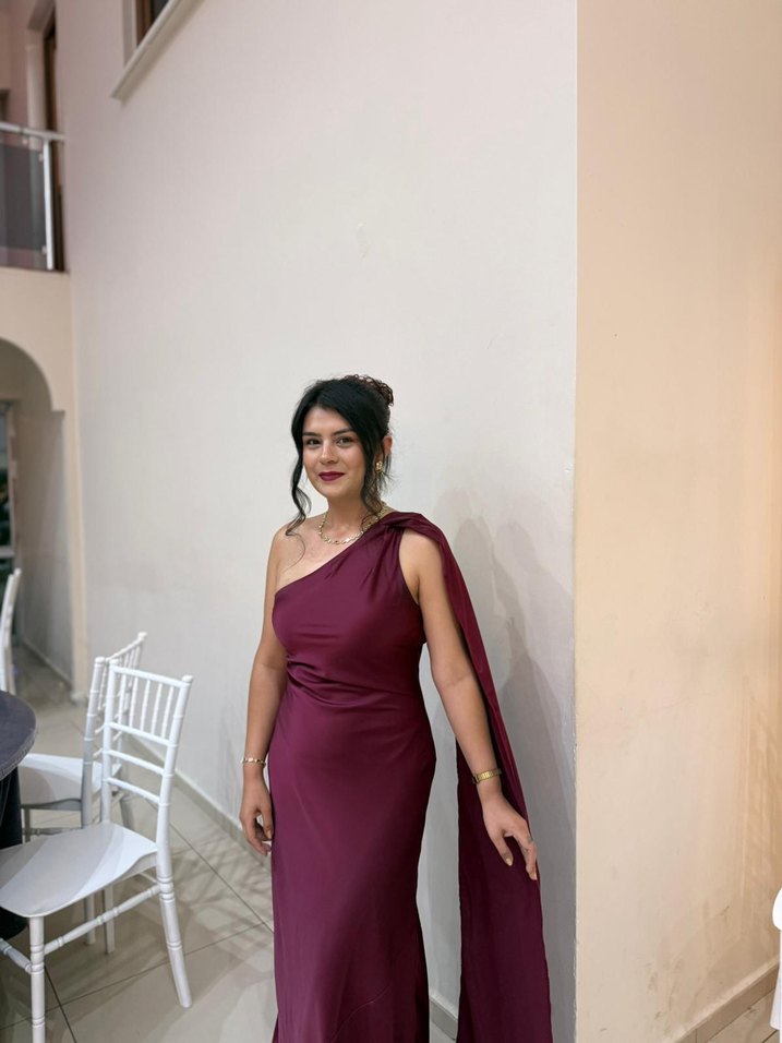 Uzun Bordo Drapeli Straplez Kadın Abiye - Görsel 2