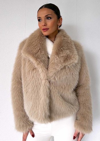 Bej V Yakalı Kısa Suni Kürk Ceket - Görsel 2