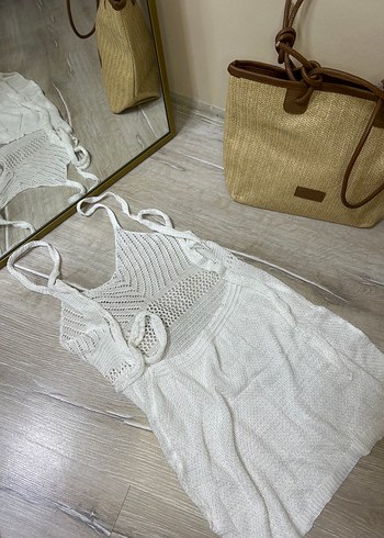 Beyaz Örgü plaj Elbisesi - Görsel 4