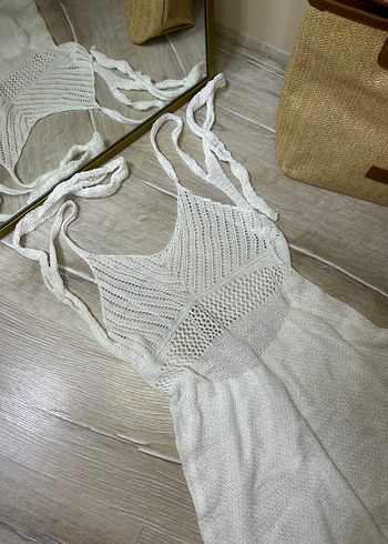 Beyaz Örgü plaj Elbisesi - Görsel 3