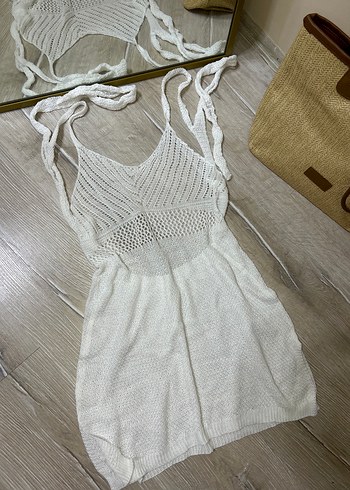 Beyaz Örgü plaj Elbisesi - Görsel 2