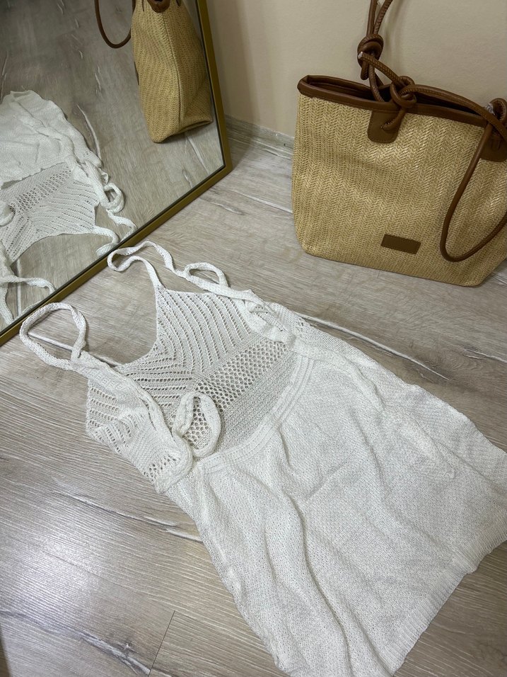 Beyaz Örgü plaj Elbisesi - Görsel 4