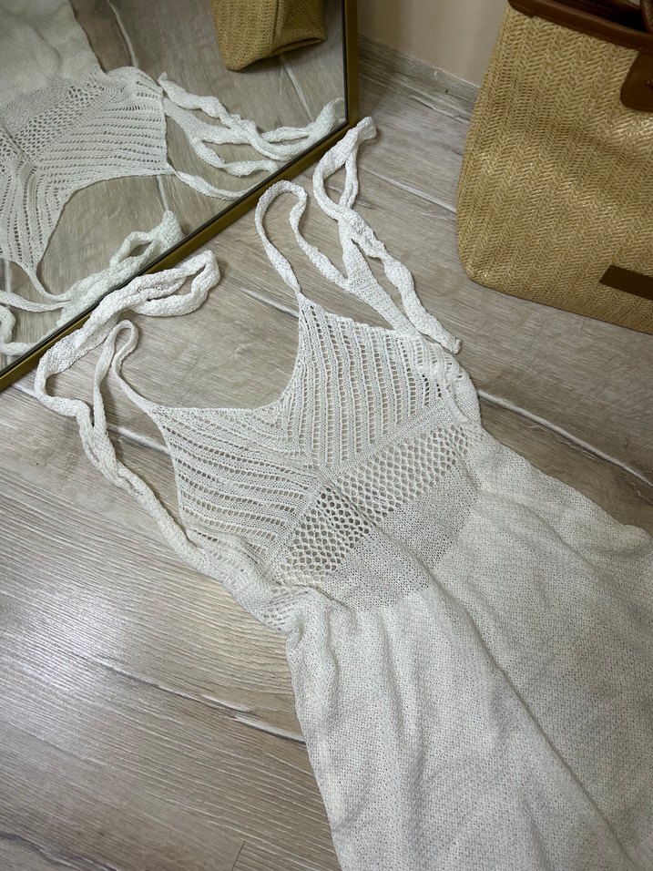 Beyaz Örgü plaj Elbisesi - Görsel 3