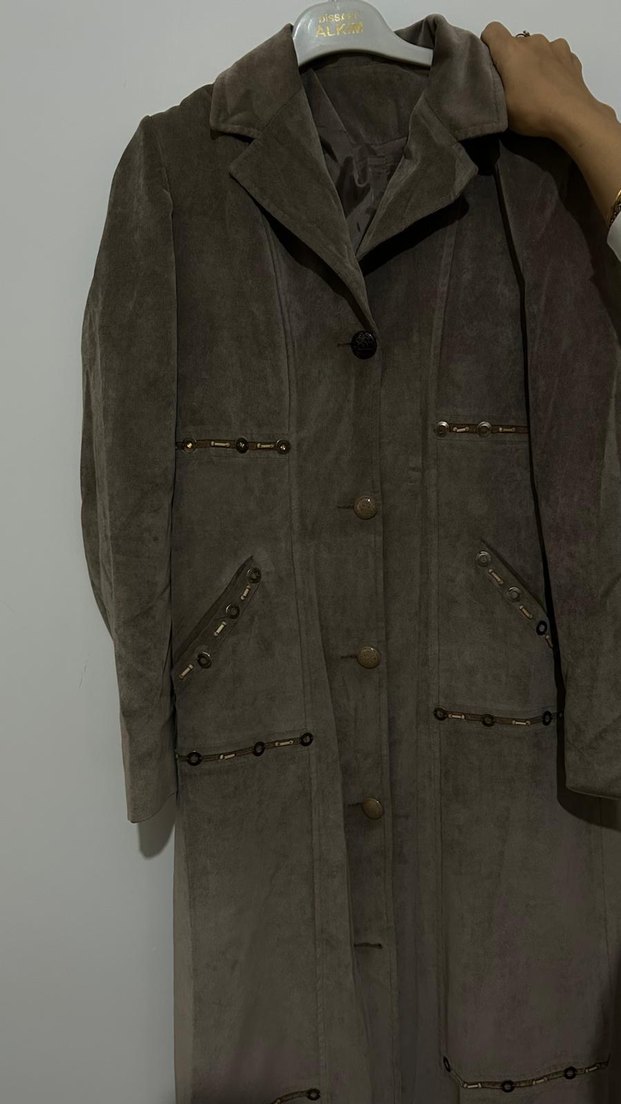 Düğmeli Kadın Süet Uzun Kahverengi Kaban - Görsel 2