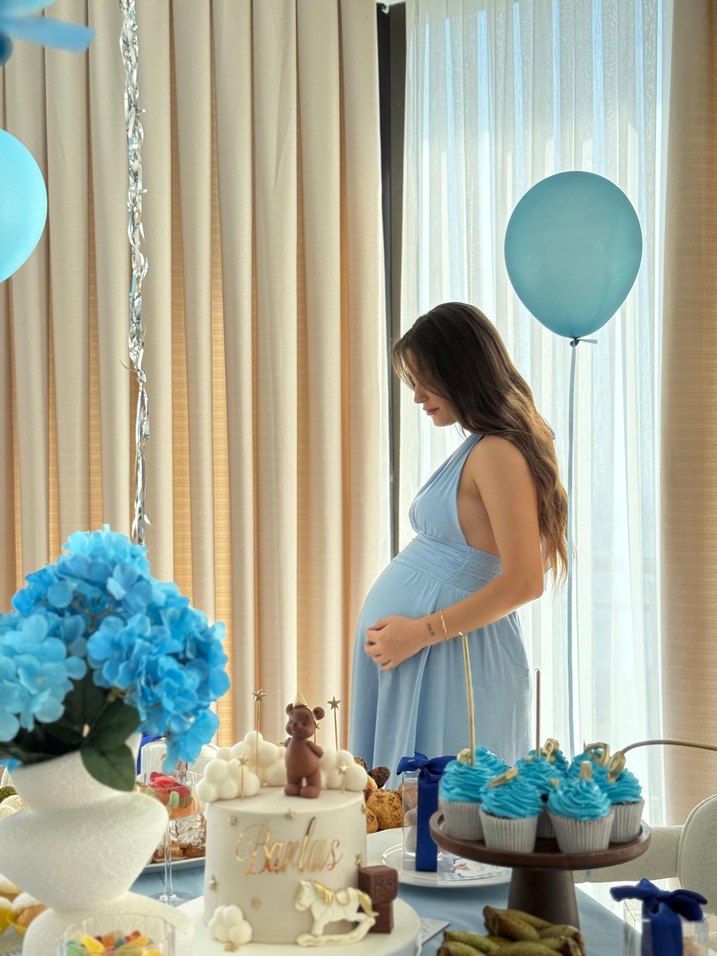 Mavi Uzun Pamuklu Hamile Elbisesi - Görsel 2