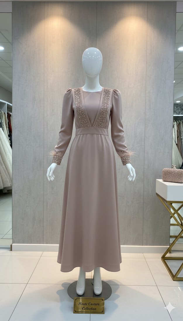 Bej İşlemeli Uzun Kollu Abiye Elbise - Görsel 2