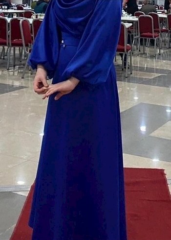 Uzun Kollu Lacivert Drape Detaylı Kadın Abiye