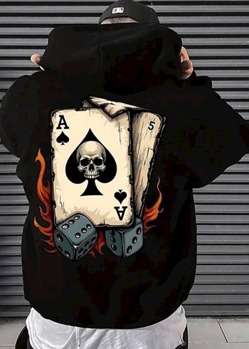 Siyah Kapüşonlu Baskılı Sweatshirt
