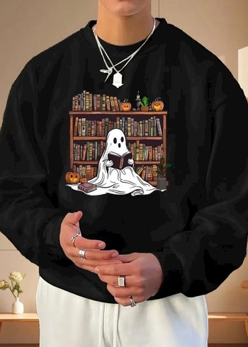 Siyah Baskılı Uzun Kollu Goth Sweatshirt