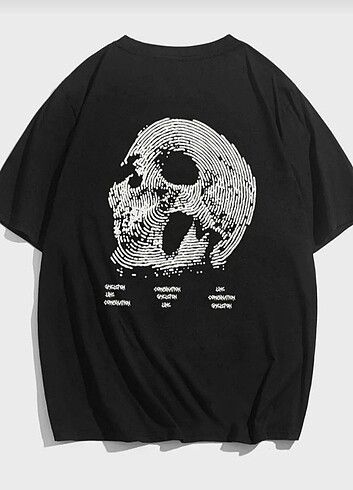 Erkek Siyah Skull Baskılı Oversize Bisiklet Yaka Tişört 