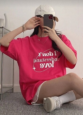 l Beden Pembe Love Baskılı Oversize Tişört