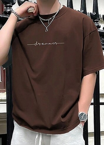 Erkek Kahverengi Dreamer Baskılı Oversize Tişört 