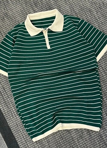 Slim fit Yatay Çizgili Komple Yeşil Yaka Bej Polo Yaka Triko Tiş