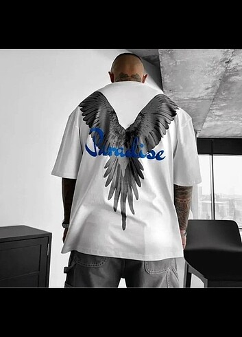 Unisex Beyaz Paradise Kanat Baskılı Oversize Tişört 