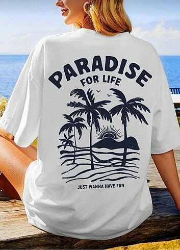 Beyaz Paradise For Life Baskılı Oversize Tişört 