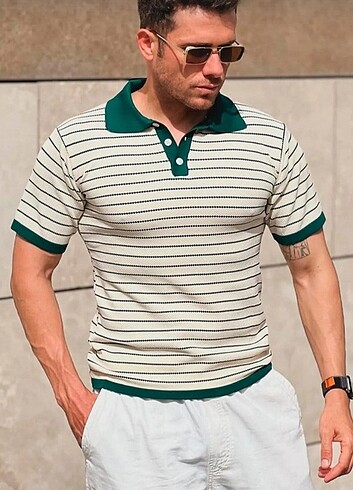Slim fit Yatay Yeşil Çizgili Triko Tişört 