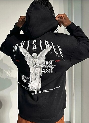 Siyah İnsivible Baskılı Oversize Kapüşonlu Sweatshirt 