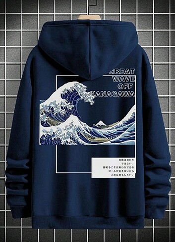 Great Baskılı Oversize Kapüşonlu Lacivert Sweatshirt 