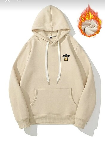 Unisex Bej Spaceship Baskılı Oversize 3 İplik Kapşonlu 