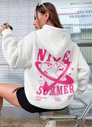 Beyaz Nice Summer Baskılı Kapüşonlu Oversize Sweatshirt 