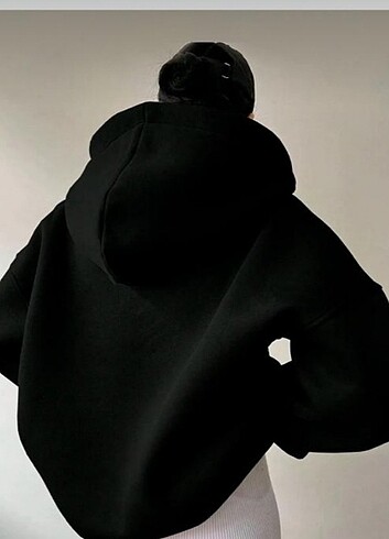 m Beden Kadın Siyah Ovirsize Yaka Detaylı Kapüşonlu Sweatshirt