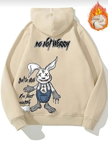 Unisex Bej Do Not Worry Baskılı Oversize Kapüşonlu Sweatshirt 