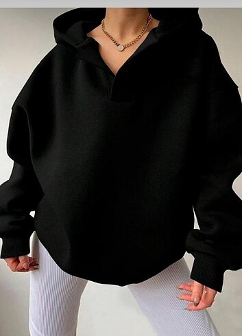 Ovirsize Kadın Yaka Detaylı Siyah Kapüşonlu Sweatshirt 